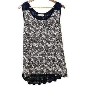 Hinge Crochet Tank Top Navy & Tan Patterned Front Sleeveless Size Large